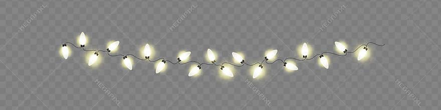 Lights bulbs border isolated on transparent background. Glowing fairy Christmas garland string.