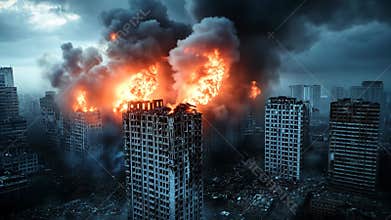 Fiery Dystopian Cityscape of Destruction  Generative AI
