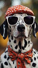 Stylish dalmatian dog wearing sunglasses and polka dot shirt.