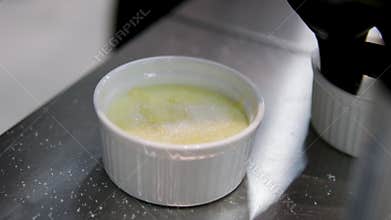 Creme brulee in Catalan style. Vanilla cream with burnt sugar on top, dessert