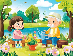 A cartoon shows two young people planting flowers in the garden