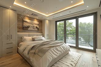 Modern bedroom with white built in wardrobes and large window for contemporary interior design