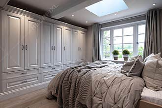 Modern bedroom with white built in wardrobes, wooden floors, and large window for natural light