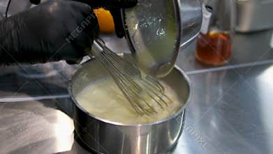 Creme brulee in Catalan style. Vanilla cream with burnt sugar on top, dessert