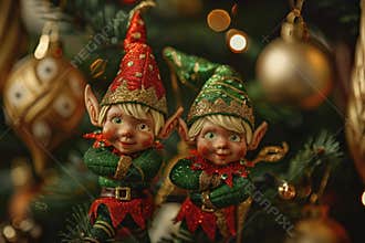 Two christmas elves posing on a christmas tree with ornaments and lights