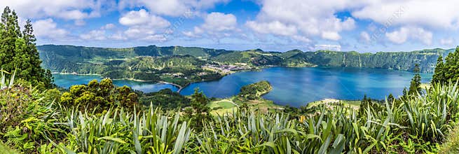 A panorama view across the Green and Blue lakes in the Seven Cities region on the island of San Miguel in the Azores