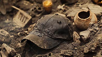A baseball cap sitting on top of a pile of rubble