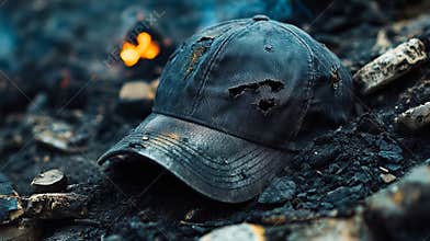 A black baseball cap sitting on top of a pile of burnt wood