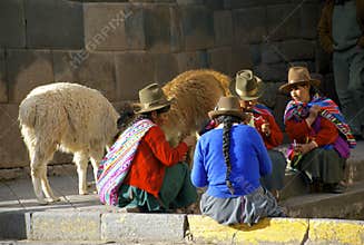 Native Women from Peru with Lamas