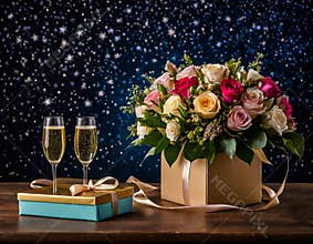 Bouquet Celebration with Champagne, Gift Boxes, and Starry Background