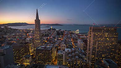 SAN-FRANCISCO , USA - OCTOBER 26, 2024: Stunning twilight view of San Francisco skyline from a high vantage point