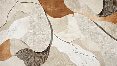 Abstract background design with overlapping organic shapes, flowing lines and textures, in a neutral color palette of