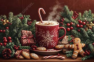 holiday food illustrations, christmas background with classic holiday food art, like candy canes, gingerbread cookies