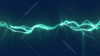 Blue abstract background with glowing turquoise wavy lines, giving a sense of energy and motion. Perfect for science