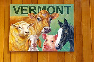 color poster promoting Vermont agriculture history with domestic farm animals