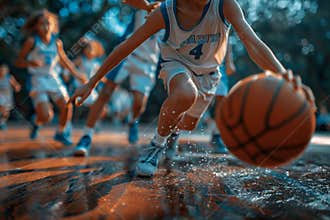 Children in white and blue jerseys engage in dynamic basketball passing on the court