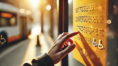Braille Reading. Close-up of Hand Using Braille on Public Transit System. Accessibility in Urban Transportation.