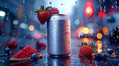 Soft-drink can 330ml floating, strawberries and watermelon in the air
