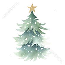 Christmas tree snow-covered with festive golden star decoration on top. Hand drawn watercolor isolated illustration for Happy New