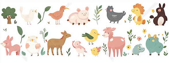 Rural countryside fauna collection of horse, cow, hen, chickens, sheep, goat, pig, rabbits and shepherd dog. Flat modern