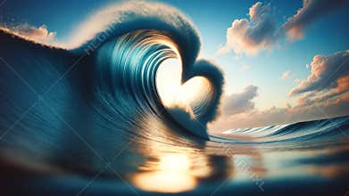 Sunlight shining through a heart-shaped ocean wave at sunset, casting a golden glow on the water with a touch of romance