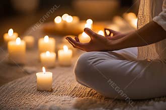 Meditation with candlelight, showcasing mindfulness, relaxation, and inner peace, blurred background