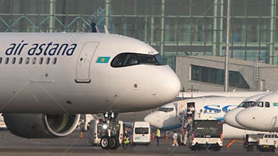 Airbus A321 of Air Astana on the taxiway, side view