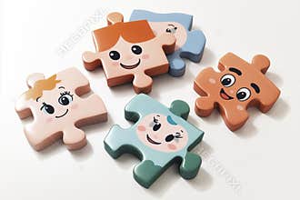 Colorful cartoon puzzle pieces featuring cheerful faces and playful designs.