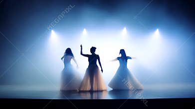 Three ballet dancers in silhouette perform on a stage, highlighted by soft, dramatic lighting in a smoky ambiance.