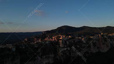 Aerial Panorama of Siurana Village on Cliffs at Dusk: A Picturesque Catalan Gem in the Montsant Mountains, Spain