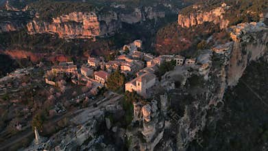 Aerial Panorama of Siurana Village on Cliffs at Dusk: A Picturesque Catalan Gem in the Montsant Mountains, Spain
