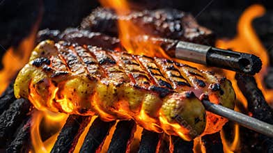Grilled pineapple and meat cooking on barbecue with flames
