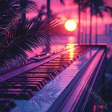 Dreamy sunset view with piano and palm leaves