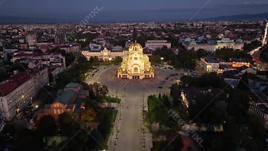 ?erial night view of Bulgaria\'s capital Sofia. Iconic building. View of the Cathedral of St. Alexander Nevsky at nightfall,