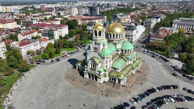 Aerial view of capital of Bulgaria, Sofia.Iconic building. View to cathedral St. Alexander Nevsky