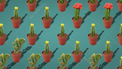 A variety of cacti in terracotta pots on a bright blue background