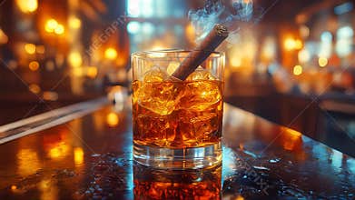 Glass of whiskey with ice and a cigar resting on top, sitting on a bar counter, exuding a sense of luxury and indulgence