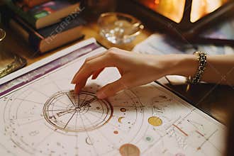 Hand studying an astrology chart with celestial symbols on a wooden table, surrounded by books and candlelight, creating