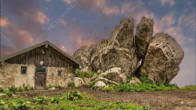 Mountain hut in the Chiemgau Alps, at sunset