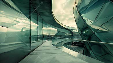 An abstract view of a modern buildings facade, showcasing curved glass panels that create a distorted perspective, Distorted and