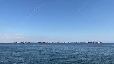 Istanbul, the Marmara Sea, the freight ships anchored on the horizon, Türkiye.