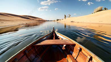 a wooden boat sails along an African river that passes through arid deserts and oases
