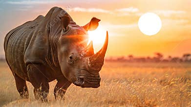 A rhinoceros, a large herbivorous mammal, standing in a field during the golden hour of sunset, An impressive rhino, stark against