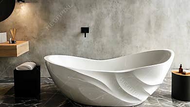Minimalist Freestanding Bathtub in a Modern Luxury Bathroom with Nature View