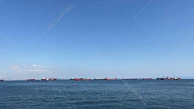 Istanbul, the Marmara Sea, the freight ships anchored on the horizon, Türkiye.
