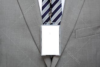 Blank name tag on suit