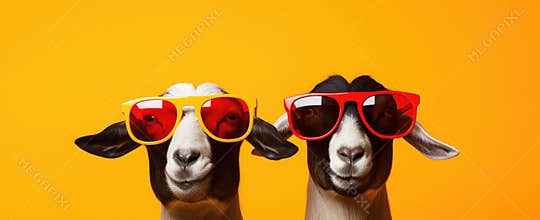Groovy Goats in Shades: A Colorful Twist on Farmyard Chic. Generative AI