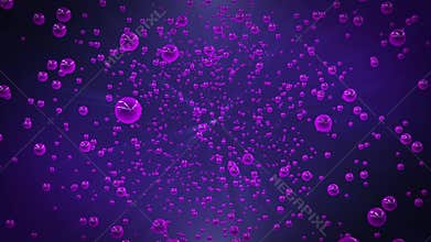 Abstract purple bubbles floating and spinning on a shiny dark blue background with bright reflections