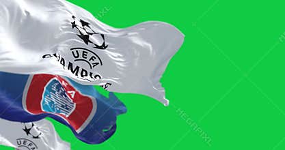 UEFA and UEFA Champions league flag waving on green screen