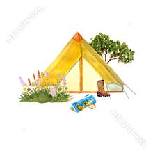 Travel composition campsite with a tent and a map